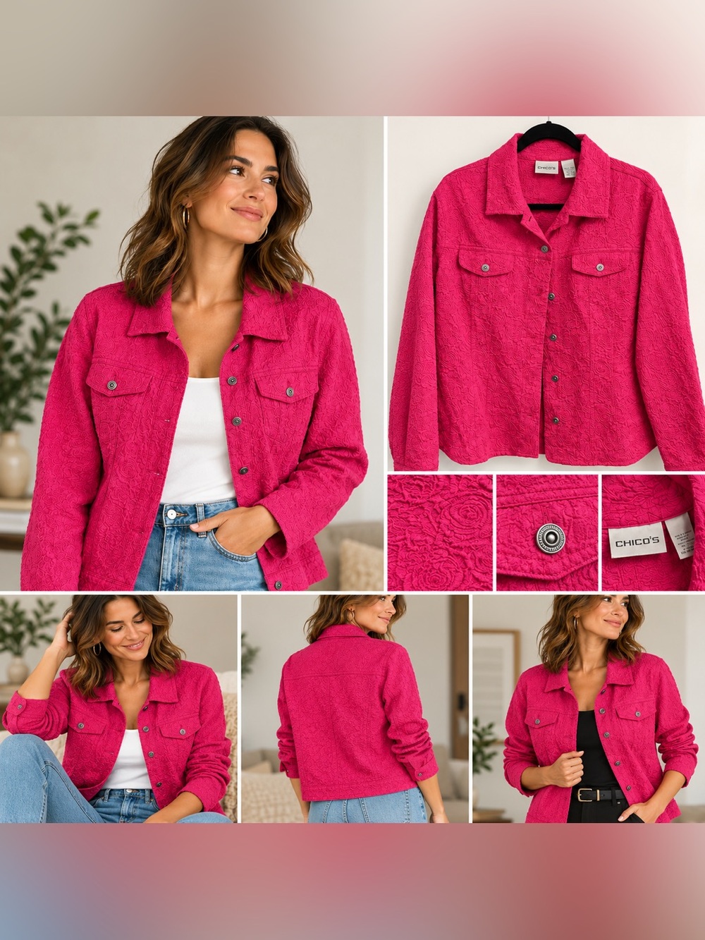 Chico’s Fuchsia Floral Textured Jacket Barbiecore Y2K Preppy Statement Jacket L